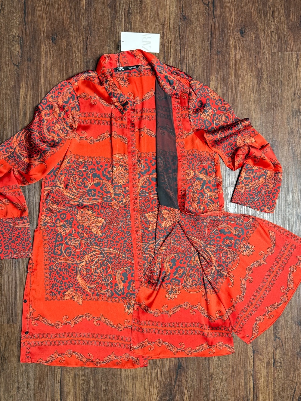 Zara NWT Scarf Print Tunic Shirt Dress Red Baroque Paisley Size L - Picture 7 of 13